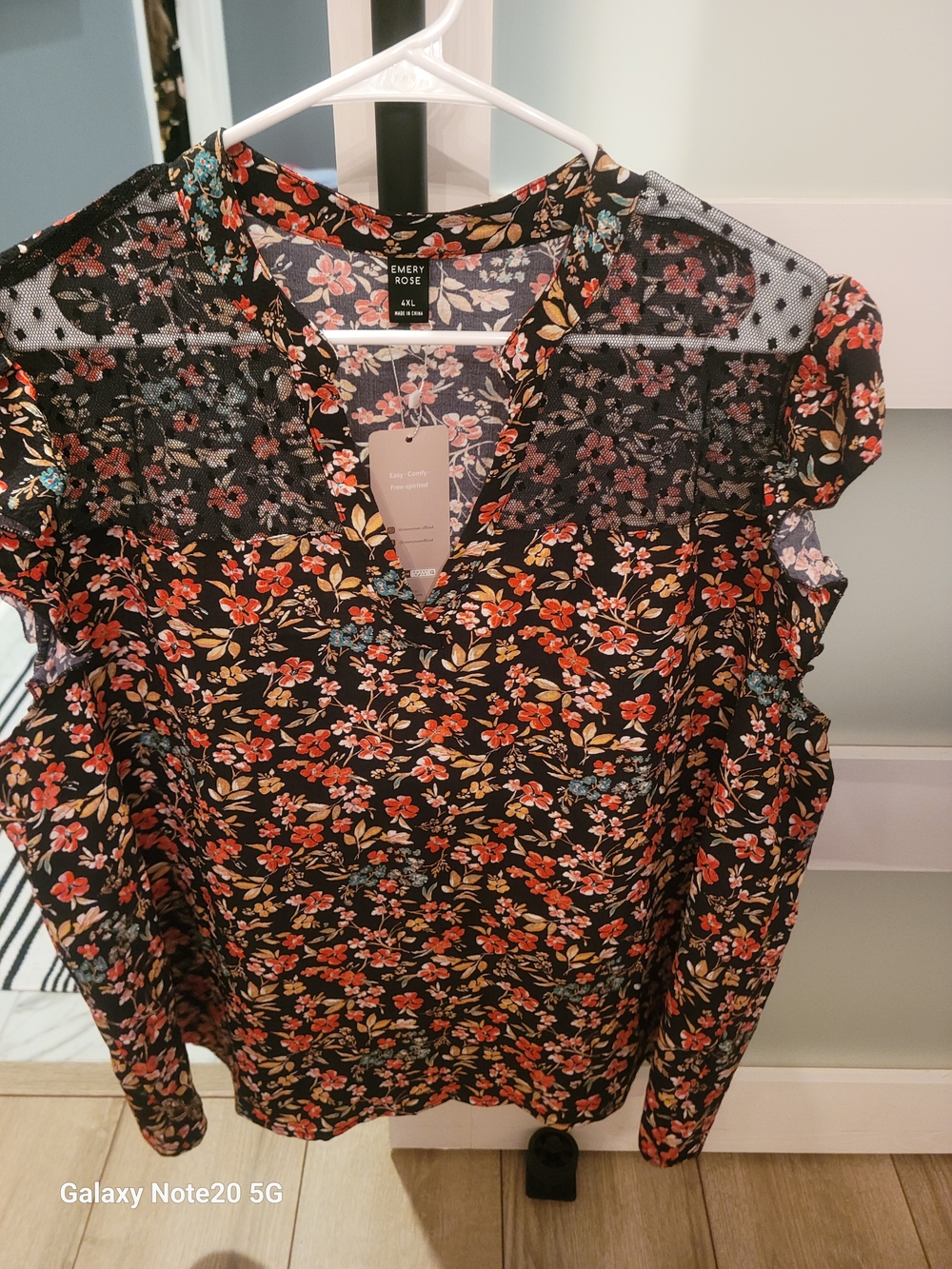 Emery Rose Black Floral V-Neck Sheer Yoke Blouse